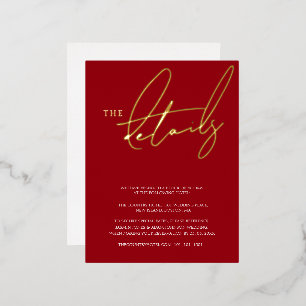Simple Crimson Red Typography Wedding Details Gold Foil Invitation Postcard