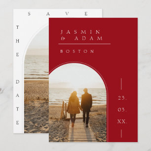 Simple Crimson Red White Photo Wedding Save the Date
