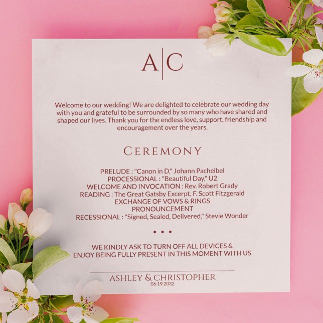 Simple Crimson & Rose Monogram Wedding Ceremony Programme (Creator Uploaded)