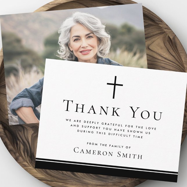 Simple cross black border funeral sympathy photo thank you card (Simple cross black border funeral sympathy photo thank you card)