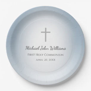 Simple Cross Boys First Communion Celebration Blue Paper Plate