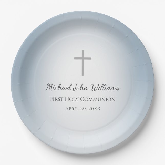 Simple Cross Boys First Communion Celebration Blue Paper Plate (Front)