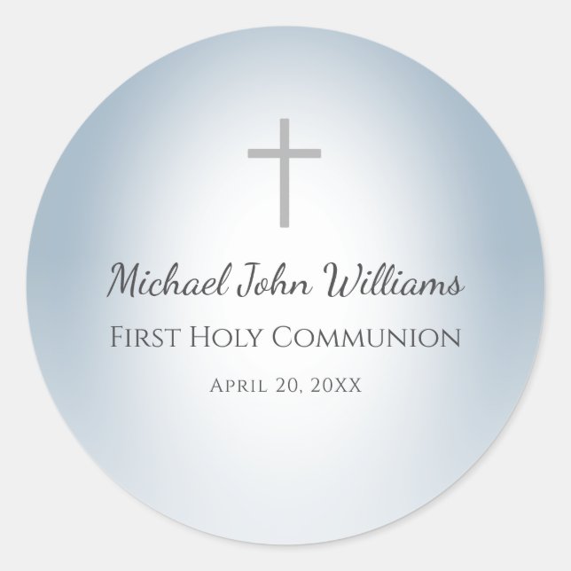 Simple Cross Boys First Communion Dusty Blue Classic Round Sticker (Front)