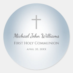 Simple Cross Boys First Communion Dusty Blue Classic Round Sticker