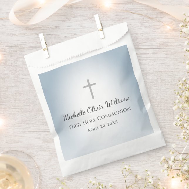 Simple Cross Boys First Communion Dusty Blue Favour Bags (Clipped)
