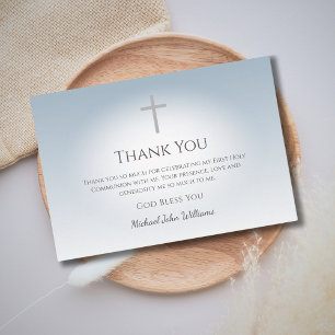 Simple Cross Boys First Communion Dusty Blue Thank You Card