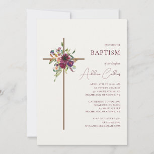 Simple Cross Burgundy Floral Minimalist Baptism Invitation
