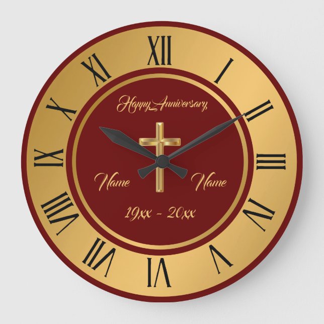 Simple Cross Customise Gold Anniversary Large Clock (Front)