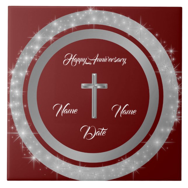 Simple Cross Customise Silver Anniversary Tile (Front)