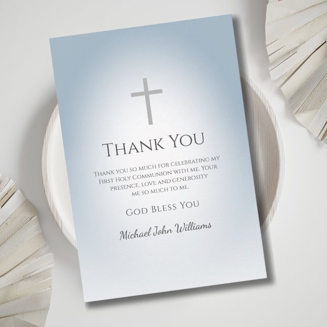 Simple Cross Dusty Blue Boys First Holy Communion Thank You Card (Creator Uploaded)
