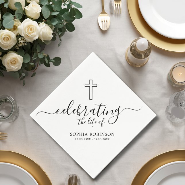 Simple Cross Elegant Script Funeral Memorial Napkin (Creator Uploaded)
