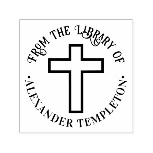 Simple Cross “From the Library of” Round Book Name Self-inking Stamp