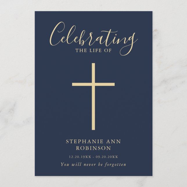 Simple Cross Gold Blue Memorial Order of Service Programme (Front)