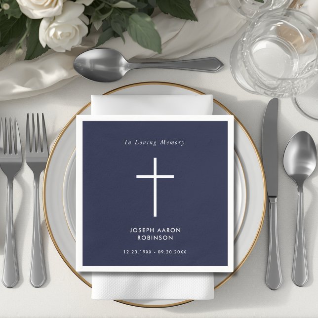 Simple Cross Navy Blue Funeral Memorial Napkin (Creator Uploaded)