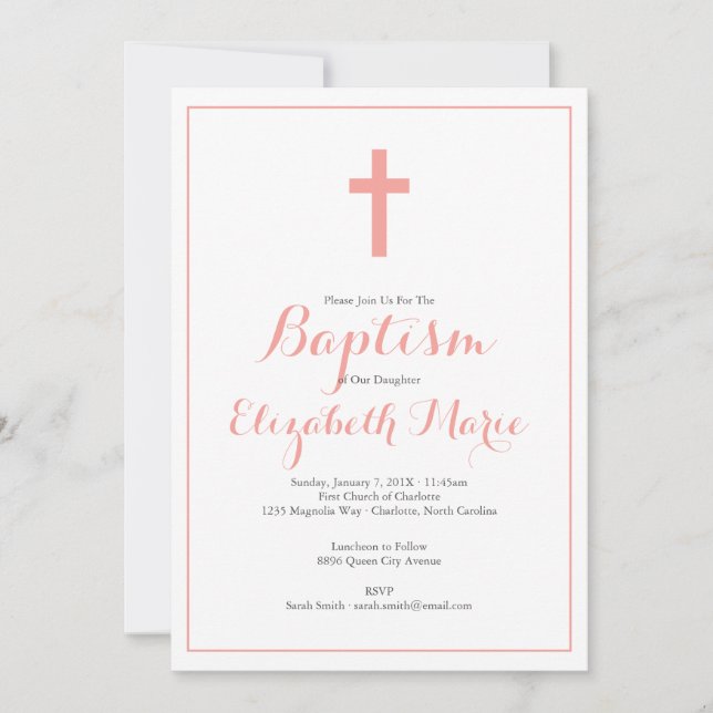 Simple Cross Pink Girl Baptism Christening Invitation (Front)