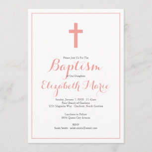 Simple Cross Pink Girl Baptism Christening Invitation