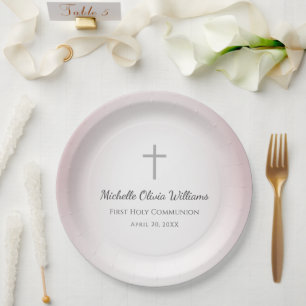 Simple Cross Rose Gold First Communion Celebration Paper Plate