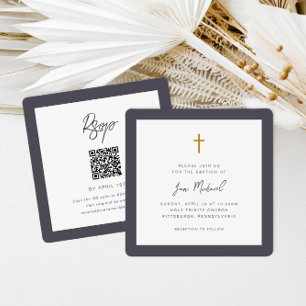 Simple Cross Script QR Code Rsvp Baptism Invitation