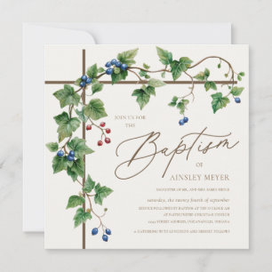 Simple Cross With Grapevine Greenery Baptism Invitation