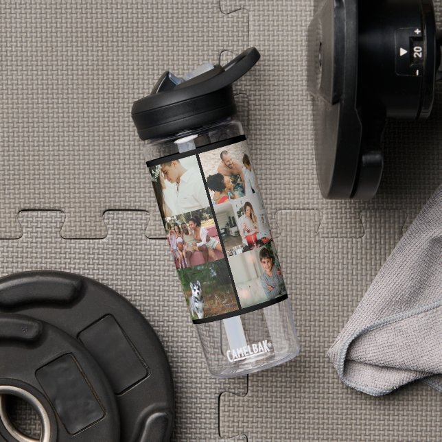 Simple Custom 12 Photo Collage Family Personalised Water Bottle (Gym)
