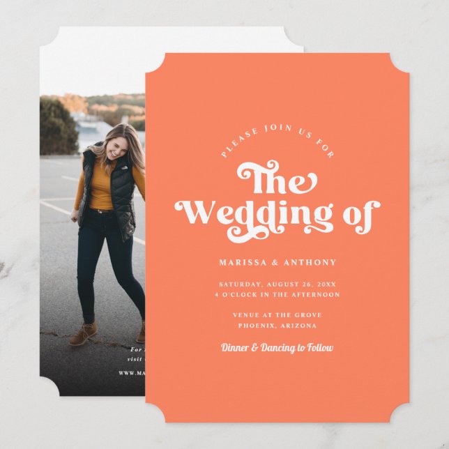 Simple Custom Colour Modern Retro Photo Wedding  Invitation (Front/Back)