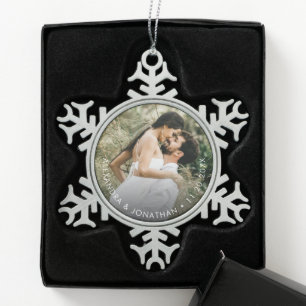 Simple Custom Couple Photo and date Personalised Snowflake Pewter Christmas Ornament