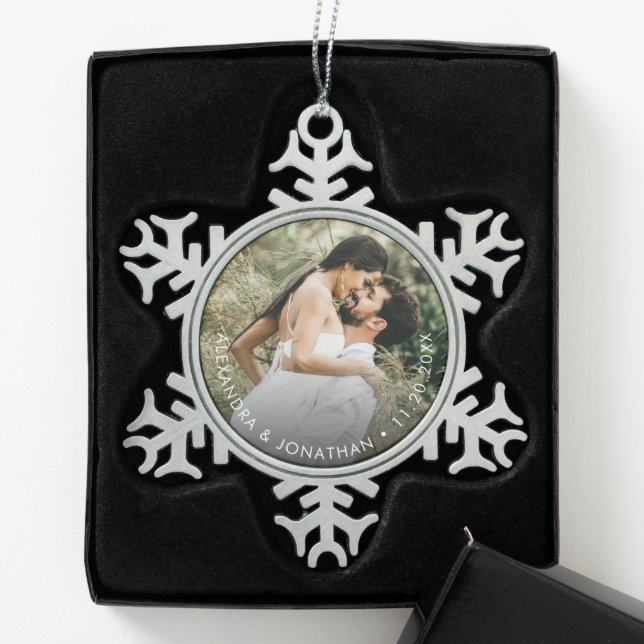 Simple Custom Couple Photo and date Personalised Snowflake Pewter Christmas Ornament (Box)