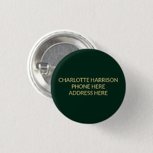 Simple custom green gold name contact info  3 cm round badge