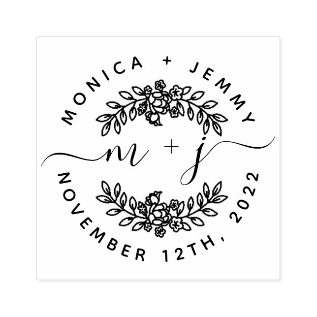 Simple Custom Leaves Initials Script Round Wedding Rubber Stamp (Imprint)
