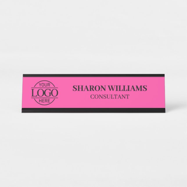 Simple Custom Logo Professional Elegant Bight Pink Desk Name Plate (Front)