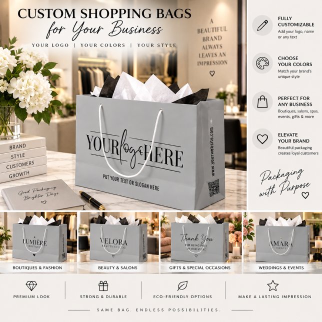 Simple Custom Logo With QR Code Business Grey Large Gift Bag (Creator Uploaded)