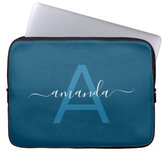 Simple Custom Name & Monogrammed Blue Personalised Laptop Sleeve