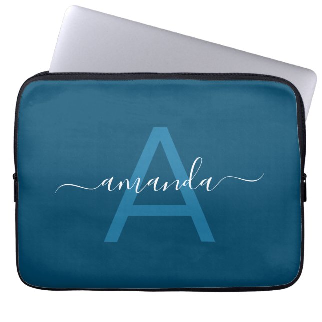 Simple Custom Name & Monogrammed Blue Personalised Laptop Sleeve (Front)