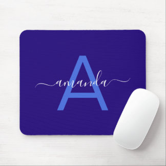 Simple Custom Name & Monogrammed Blue Personalized Mouse Mat
