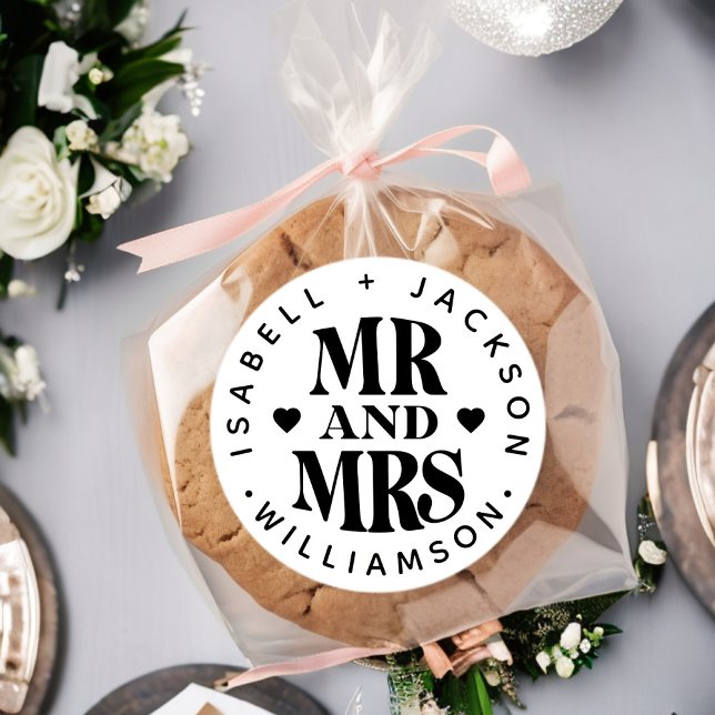 Simple Custom Name Mr Mrs Wedding Heart Favour Classic Round Sticker (Creator Uploaded)