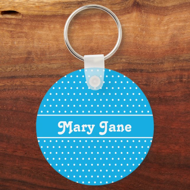 Simple Custom Name Sky Blue Polka Dot Key Ring (Back)