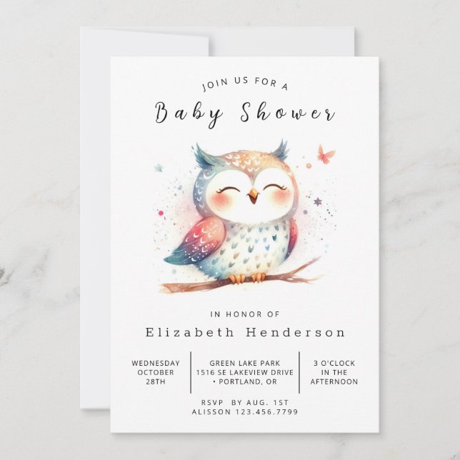 Simple Custom Owl Baby Shower Invitation (Front)