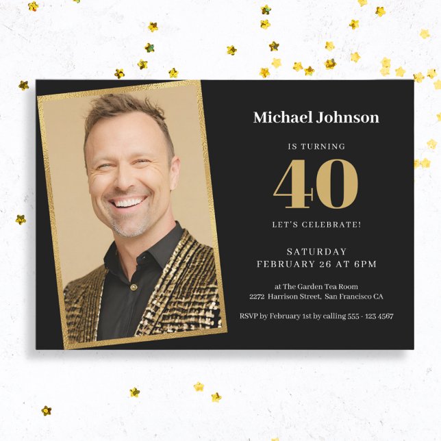 Simple Custom Photo Black Gold 40th Birthday Party Invitation (Mock Up View)