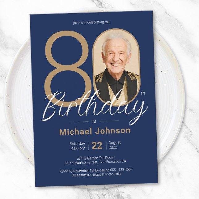 Simple Custom Photo Gold Navy Blue 80th Birthday Invitation (Simple Custom Photo Gold Navy Blue 80th Birthday Invitation)