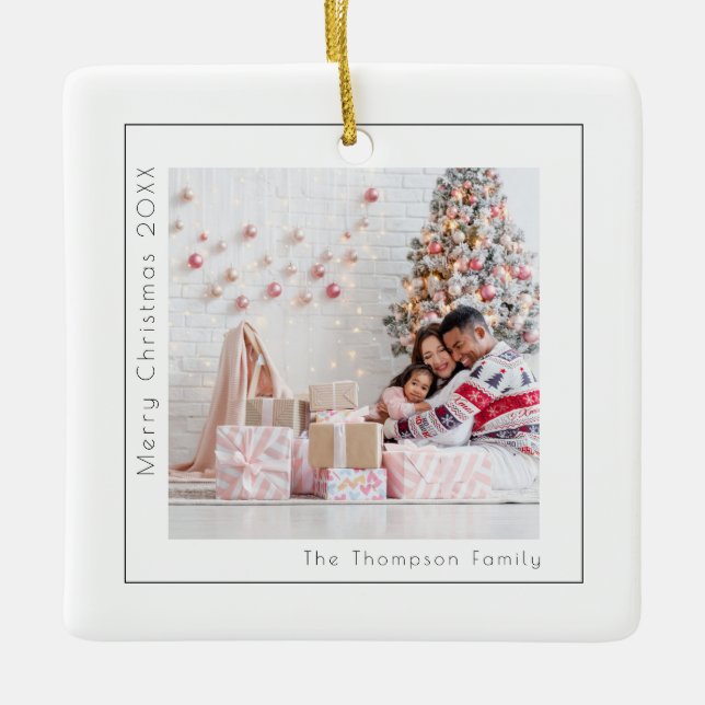 Simple Custom Photo Name Year Merry Christmas Ceramic Ornament (Front)