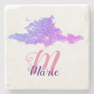 simple custom pink purple sparkle add you name let stone coaster