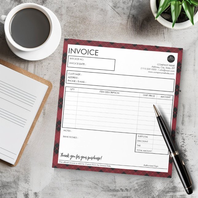 Simple Custom Red Plaid Border Invoice Template Notepad (Minimalist Red Plaid Border Business Invoice Template Notepad)