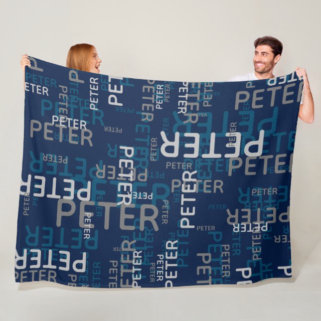 Simple Custom Repeating Name Pattern Blue Fleece Blanket (In Situ)