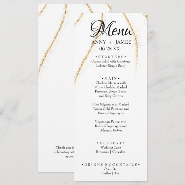 Simple Custom Text Gold Glitter Wedding Dinner  Me Menu (Front/Back)