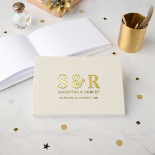 Simple Custom Typography Design Beige Linen Guest Book