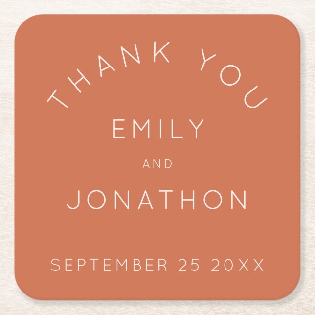 Simple Custom Wedding Terracotta Thank You favour Square Paper Coaster (Front)