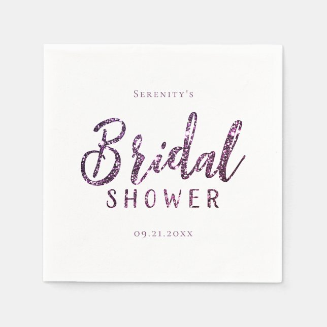 Simple customised purple glitter bridal shower napkin (Front)