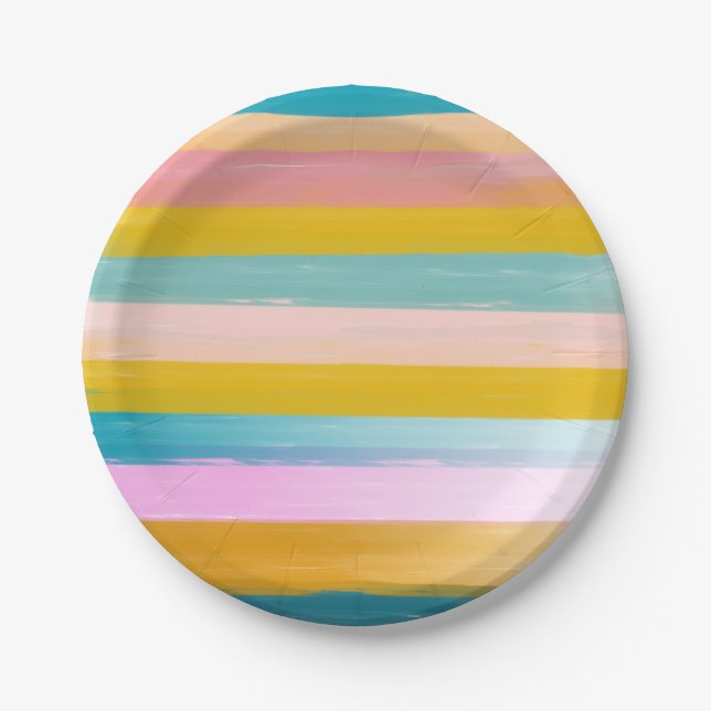 Simple Cute Abstract Watercolor Stripes in Pink Paper Plate (Front)