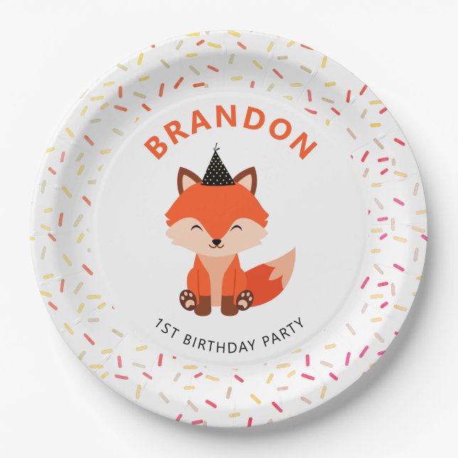 Simple Cute Baby Fox Confetti Birthday Party Paper Plate (Front)