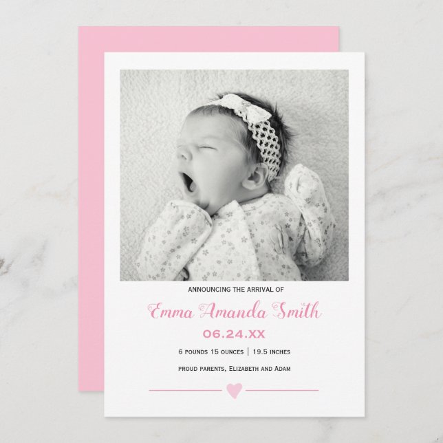 Simple cute  baby girl Birth announcement (Front/Back)